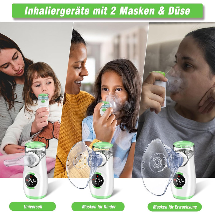 Інгалятор з цифровим дисплеєм, інгалятор для дорослих та дітей, інгалятор-небулайзер з маскою та мундштуком, надлегкий, маленький, зручний для перенесення, зелений