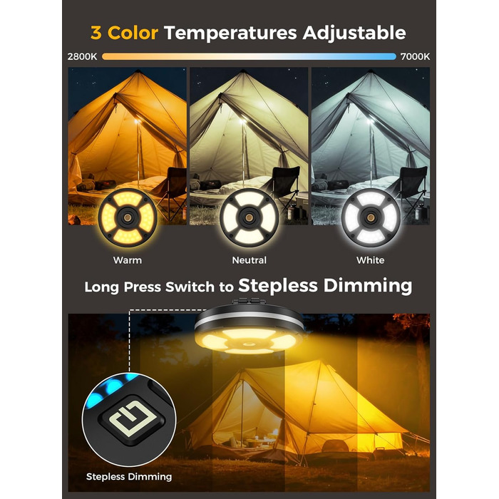 Ліхтар для кемпінгу Smiling Shark CL01, портативний світлодіодний ліхтар для кемпінгу, акумуляторний, магнітний із затискачем, різьба та гачок 1/4 дюйма, 3 колірні температури та бічне світло RGB для кемпінгового аварійного рюкзака (чорний)