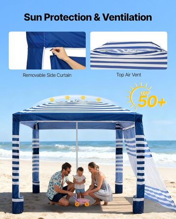 Пляжний навіс VEVOR, 2,4 x 2,4 м з бічною стінкою, сонцезахисний фактор UPF 50, кабіна з мішками з піском, регульований по висоті портативний сонцезахисний навіс для сімей, темно-сині смужки