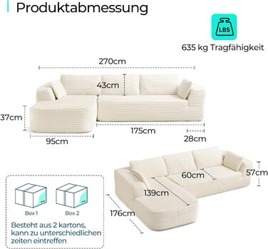 Кутовий диван LINSY HOME зі сном - Модульний розкладний диван з вельвету 270 см, L-подібний диван, 3-місний диван з пуфом, секційний диван для вітальні, не потребує складання, бежевий вельвет