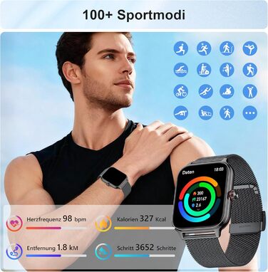 Розумний годинник для чоловіків та жінок, функція телефону, артеріальний тиск, пульс, сон, 1.96-дюймовий фітнес-годинник зі штучним інтелектом, понад 100 спортивних режимів, водонепроникність IP67, крокомір, будильник, калькулятор, візитна картка, iOS/And