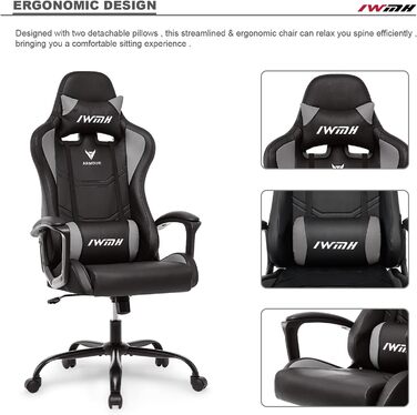 Ігрове крісло IWMH, ергономічне комп&39ютерне крісло з високою спинкою, регульоване по висоті поворотне крісло, гоночне крісло з підлокітниками, регульованим підголівником та поперековою опорою (сіре)