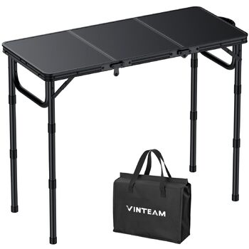 Складаний кемпінговий стіл VINTEAM 87x40 см 3 складні, регульована висота в 3 напрямках, алюмінієвий складаний стіл, балконний стіл, бічний столик, садовий стіл, легкий та портативний, ідеально підходить для кемпінгу, барбекю, пікніка та саду, МДФ