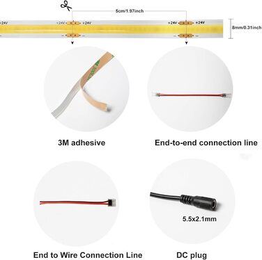 Світлодіодна стрічка GIDEALED DC24V COB 4000K Натуральний білий, 5 м з можливістю затемнення 480 світлодіодів/м CRI 90 Супер яскрава без темних плям Гнучкі білі світлодіодні стрічки для проекту освітлення вдома та офісу своїми руками, тільки світлодіодна 