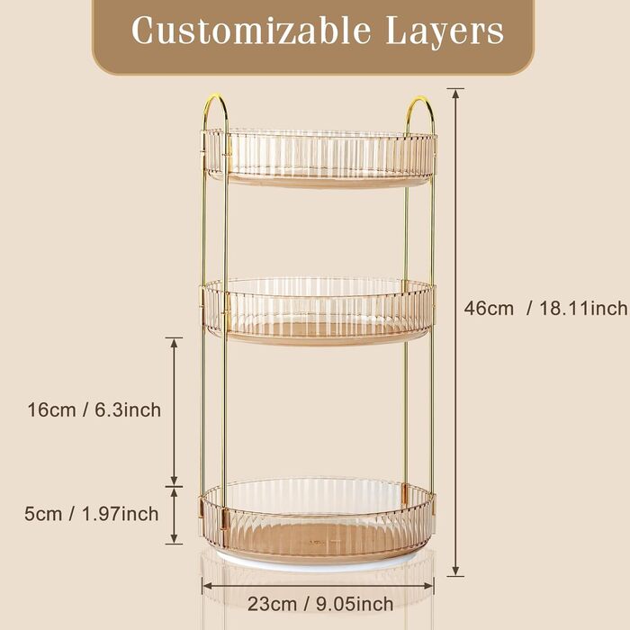 Органайзер для макіяжу Boxalls поворотний, 3-рівневий органайзер для ванної кімнати, велика місткість на 360 градусів, зберігання косметики, туалетний столик, поворотний органайзер, карусель для догляду за шкірою (3 яруси, бурштин) 3 яруси бурштин