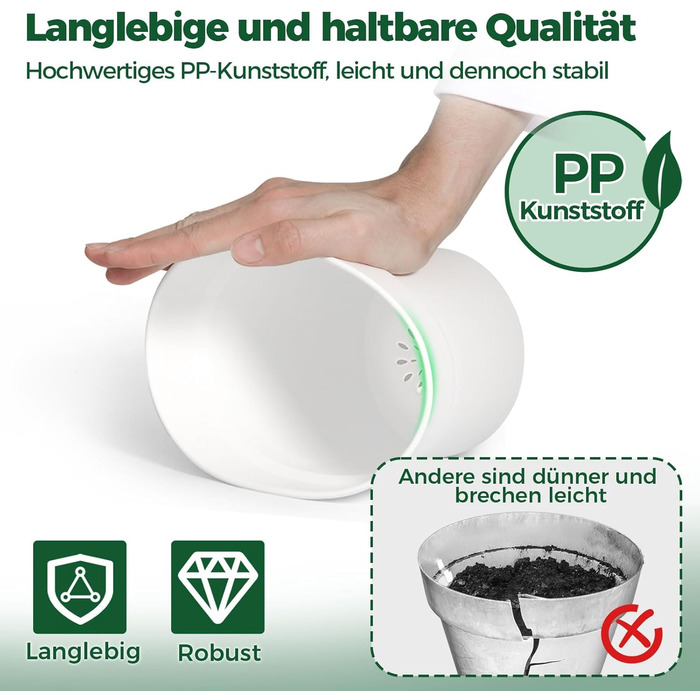 Пластиковий квітковий горщик 19 см з блюдцем, набір із 6 пластикових горщиків для трав з кількома дренажними отворами, круглий горщик для сукулентів у приміщенні та на балконі, білий/розкішний сад 19 см, 4U
