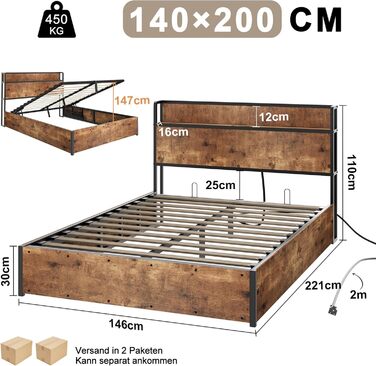 Ліжко з механізмом зберігання та підйому, ліжко-платформа з дерев&39яним узголів&39ям, відділеннями для зберігання та зарядною станцією, без матраца (коричневе, 140x200 см) Коричневий 140x200 см