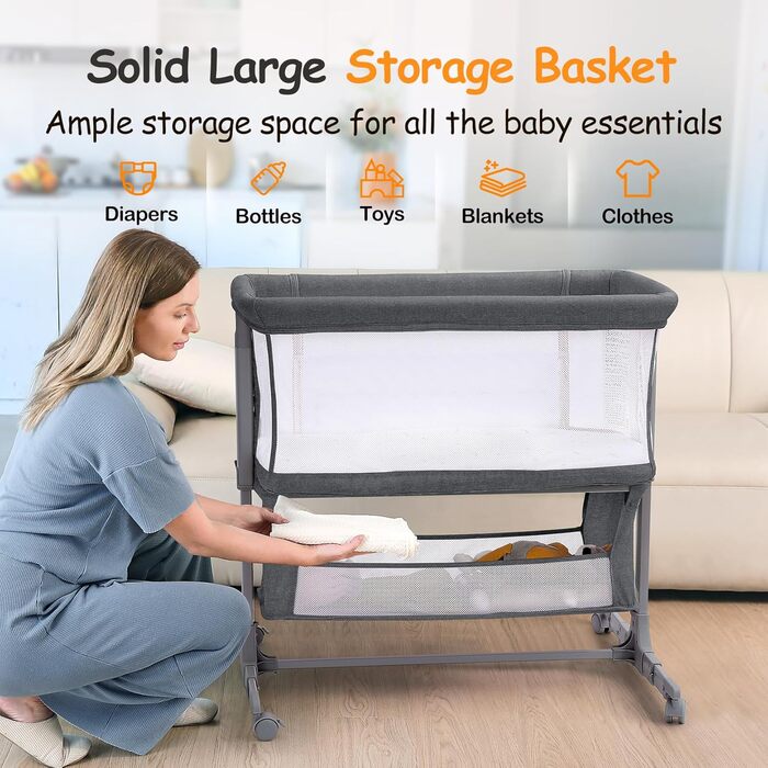 Дитяча колиска-ліжечко для новонароджених, портативне дитяче ліжечко з колесами, кошик для зберігання, матрац, регульована висота у 7 напрямках, додаткове ліжко (темно-сірий)