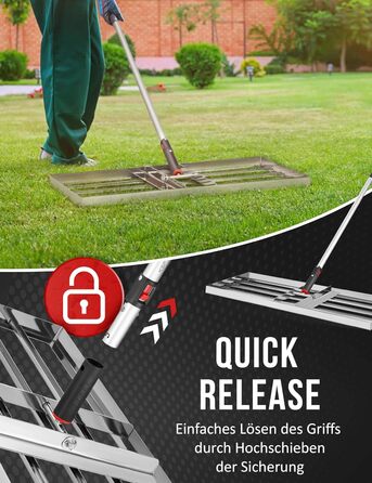 Гребінь для газону з нержавіючої сталі 75x35 см - професійний вирівнювач для газону з ручкою - для розрівнювання, підсипання піском та догляду - ергономічний інструмент для вирівнювання газону, що зберігає спину