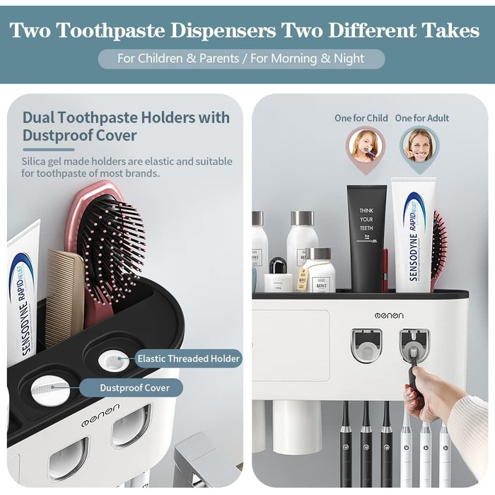Настінний тримач для зубних щіток з подвійним автоматичним дозатором зубної пасти для дітей та дорослих, 6 слотів для щіток, 2 маг