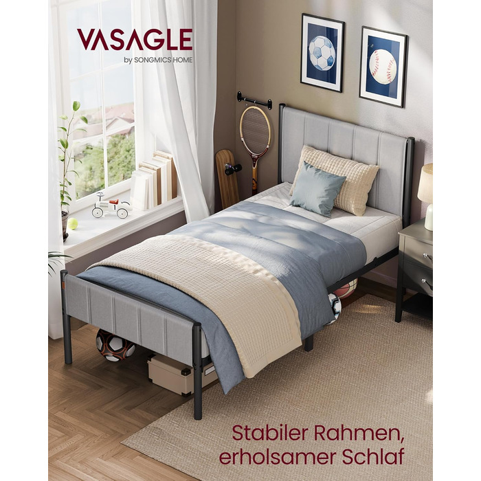 Каркас односпального ліжка VASAGLE, Каркас ліжка, 90 x 200 см, з м&39яким узголів&39ям, Каркас ліжка, Сталь, Витримує до 250 кг, Легке складання, Голубино-сірий RMB972G01 90 x 200 см Голубино-сірий