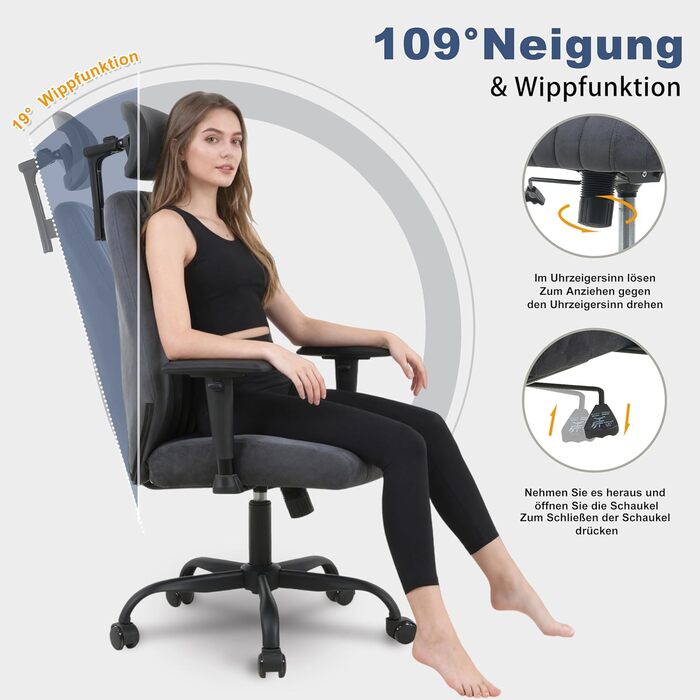 Розкішне офісне крісло Symino, ергономічне ігрове крісло, функція гойдання та регульоване по висоті поворотне крісло, крісло для домашнього офісу, крісло для столу, крісло керівника та комп&39ютерне крісло, 150 кг (імітація замші, сірий) Імітація замші, с