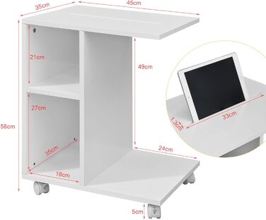 С-подібний приставний столик до дивана з 2 полицями для зберігання та тримачем для планшета, сучасний журнальний столик на колесах для вітальні, білий FBT48-W