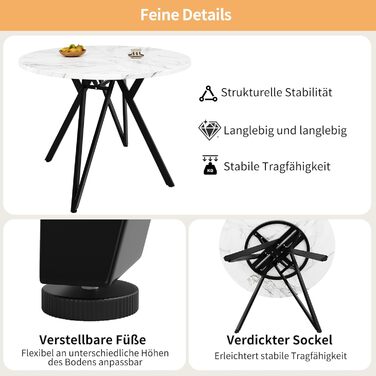 Круглий обідній стіл Merax 100 см, сучасний кухонний стіл для 4-6 осіб, обідній стіл з міцними чорними металевими ніжками, мармурова стільниця з МДФ, кухонний обідній стіл для вітальні, їдальні, офісу 100 x 100 x 76 см, мармуровий візерунок та чорний-6