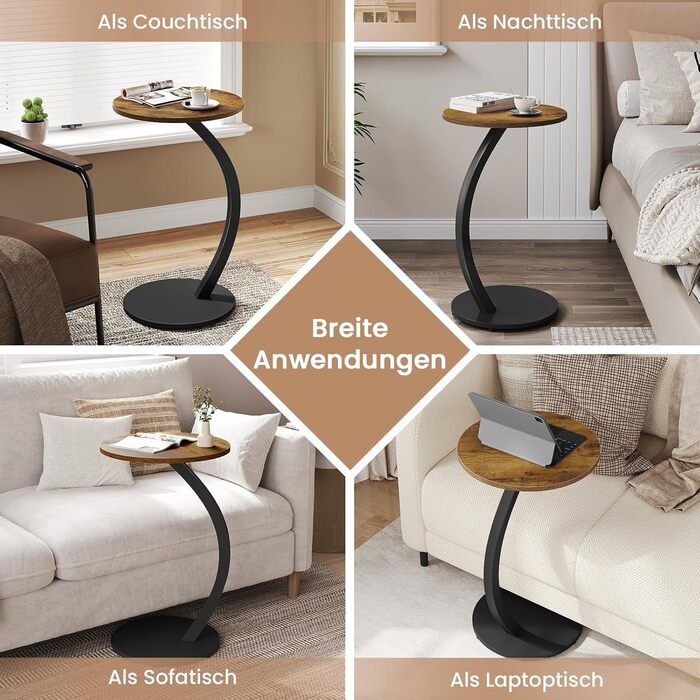 Журнальний столик WOLTU C-подібної форми, круглий журнальний столик, столик для дивана, маленький столик для дивана, ліжка, з металевим каркасом та стільницею з МДФ, індустріальний стиль, 40 x В 65 см, вінтажний вигляд дерева, BTS21hov