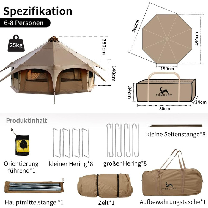 Намет TOMOUNT Tipi, бавовняний намет, полотняний пірамідальний юртовий намет на 6-8 осіб, великий сімейний намет для глемпінгу, кемпінгу, походів, фестивалів, вечірок, весіль, музичних фестивалів