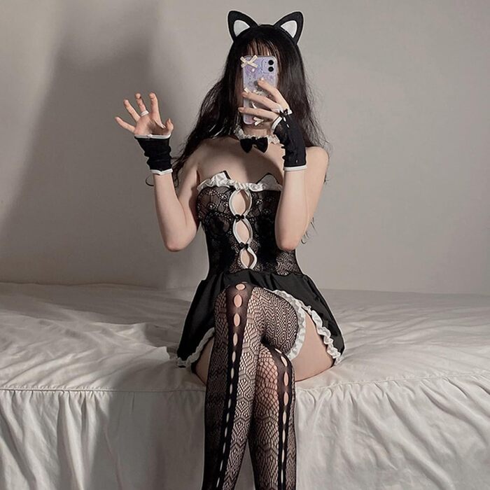 Аніме Косплей Костюм Mesh Lolita Dress Kawaii Lingerie French Maid Dress Socks Set Cat Ears Set