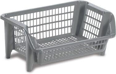 Стелаж Kreher, що складається з чотирьох штабельованих пластикових кошиків сірого кольору. Штабельується та вкладається. Можна розширювати за бажанням.