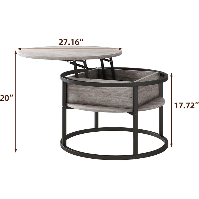 Круглий журнальний столик HOJINLINERO, журнальний столик з регульованою висотою, стіл для вітальні з прихованим місцем для зберігання, з підйомною стільницею, журнальні столики, столик біля дивана, журнальний столик, кругле дерево (сірий)