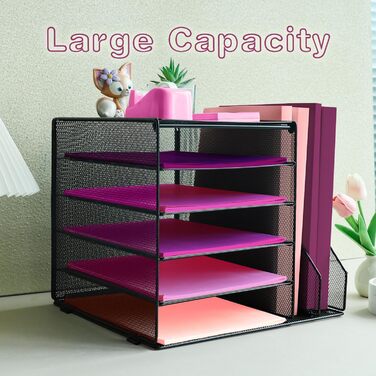 Металевий настільний органайзер, 5-ярусний лоток для паперу та листів з тримачами для файлів, сітчастий настільний органайзер для файлів з тримачем для журналів для зберігання офісних документів, 5 ярусів з 2 тримачами для файлів