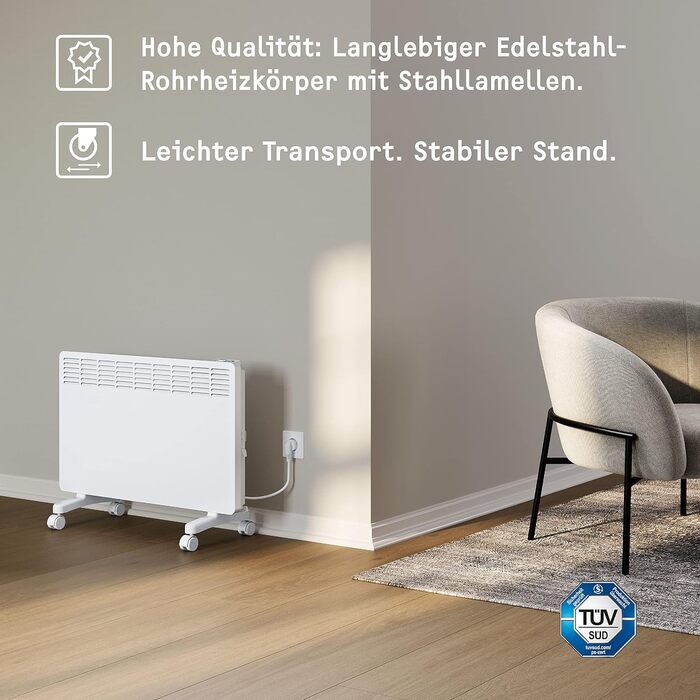 Електричний конвектор STIEBEL ELTRON для приміщень до 25 м, 2 кВт, з електронним керуванням, LC-дисплеєм та роликами, сертифікований TV, енергоощадний (204451)