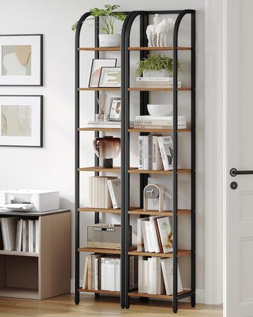 Полиця Hzuaneri, книжкова шафа, 7-ярусна полиця, полиця для DVD, вузькі полиці, офісна полиця в індустріальному стилі, металевий каркас для вітальні, спальні, кухні, вінтажний коричнево-чорний BC57001B 30 x 33,6 x 208,5 см, вінтажний коричнево-чорний