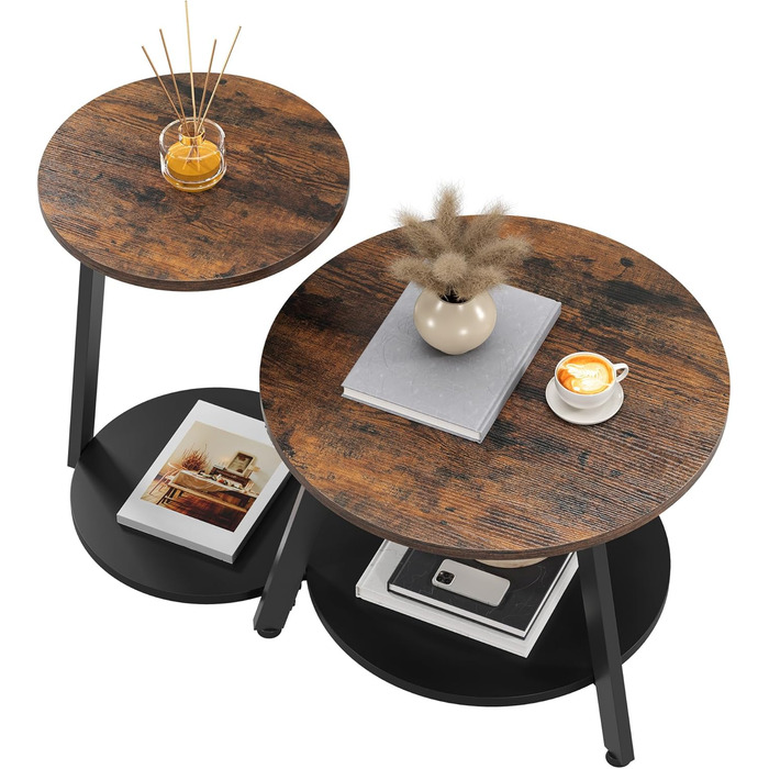 Комплект із 2 круглих журнальних столиків, столи для вітальні з місцем для зберігання, штабелювані приставні столики з дерев&39яною стільницею та металевим каркасом, С-подібні приставні столики, журнальні столики для вітальні, рустикальний коричневий