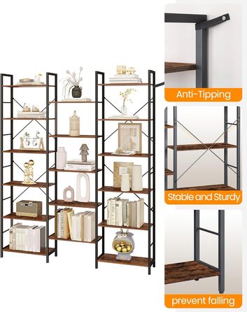 Книжкові полиці Hzuaneri, окремостоячий стелаж, полиця з 17 полицями, 6 ярусів, регульована відстань, 24 x 152 x 186 см, вантажопідйомність 340 кг, вітальня, офіс, вінтажний коричнево-чорний BC10101B