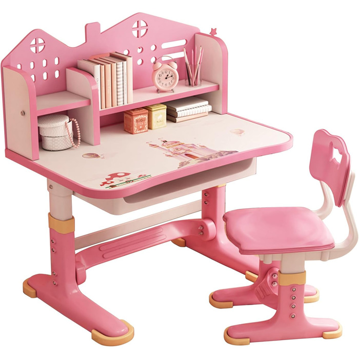 Дитячий стіл та стілець, Дитячий стіл з регульованою висотою та стільцем, Ергономічний стіл для дітей, шухляди та місце для зберігання, Дитячий стіл для хлопчиків та дівчаток (рожевий)