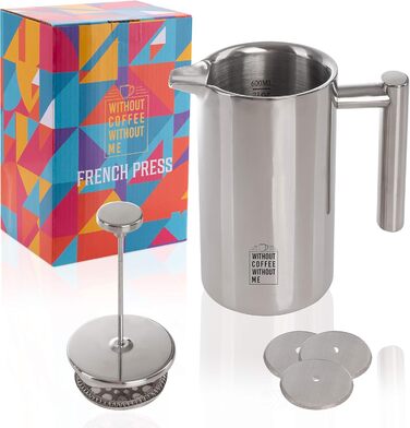 Френч-прес з нержавіючої сталі NOUTEN преміум-класу 0,6 л - Ізоляційний ефект завдяки конструкції з подвійними стінками - Накип для ідеального приготування - Змінний фільтр в комплекті - 2 роки Повернення грошей 600 мл