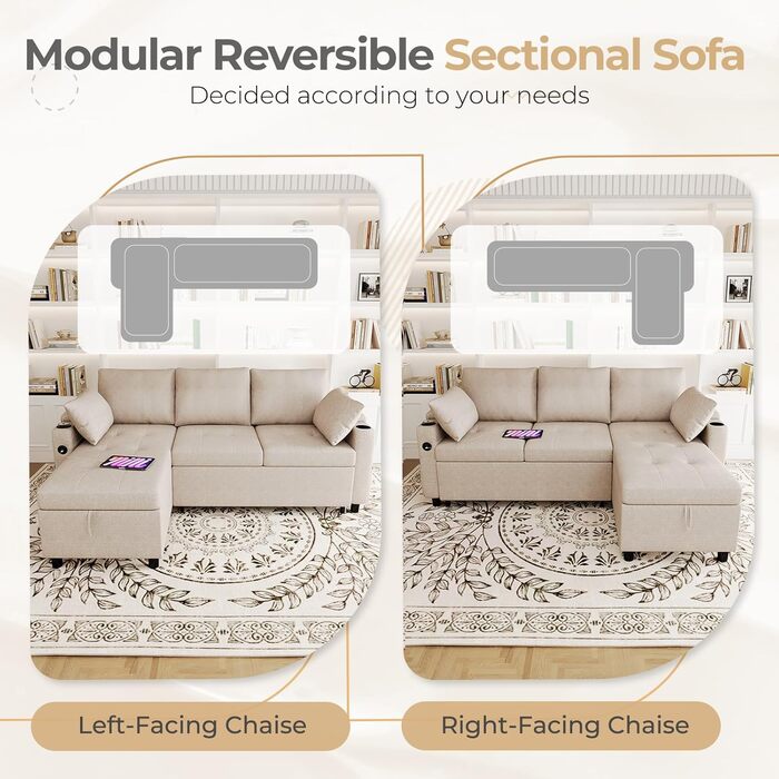 Диван-ліжко 3-в-1, Розкладний шезлонг-диван, Шкіряний диван-ліжко з місцем для зберігання, USB-портами та підставками для чашок, Розкладний диван для вітальні та квартири, Бежевий