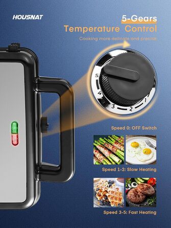 Сендвіч-машина HOUSNAT 3 в 1 - вафельниця, контактний гриль, сендвіч-машина - 1200 Вт з 5-швидкісним регулюванням температури - для бельгійських вафель - Антипригарне покриття - ідеально підходить для сніданку, кемпінгу та багато іншого Чорний