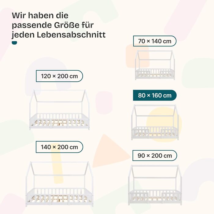 Ліжко Sisimiut Montessori House 80 x 160 см із захистом від падіння, дерев&39яне дитяче ліжко, підлогове ліжко, рейкова основа, сосна, матово-білий колір, 80 x 160 см, матрац не входить до комплекту