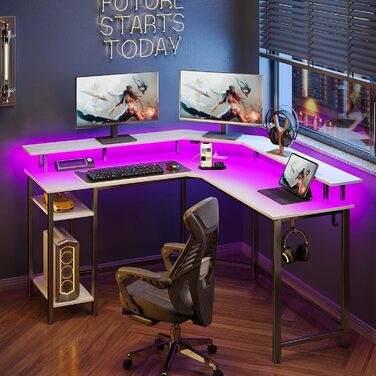 Г-подібний комп&39ютерний стіл Rolanstar з RGB-підсвічуванням та розетками, двосторонній кутовий ігровий стіл з місцем для зберігання та 2 гачками, комп&39ютерний стіл для офісу, кабінету, спальні (білий, 137 см) Білий 137 x 137 x 87 см