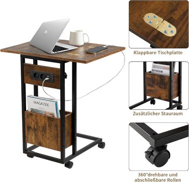 Приставний столик Hadulcet для дивана, С-подібний приставний столик, розкладна стільниця, столик для ноутбука з колесами, зарядна станція, вузький приставний столик для вітальні, спальні, висота 70 см, приставний столик темно-коричневого кольору
