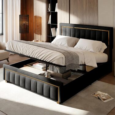 М&39яке ліжко 140x200 з місцем для зберігання, гідравлічне ліжко з місцем для зберігання, двоспальне ліжко з узголів&39ям, каркас ліжка з рейковою основою, каркас ліжка для дорослих, оксамит (чорний, 140 x 200 см) Black-c 140 x 200 см