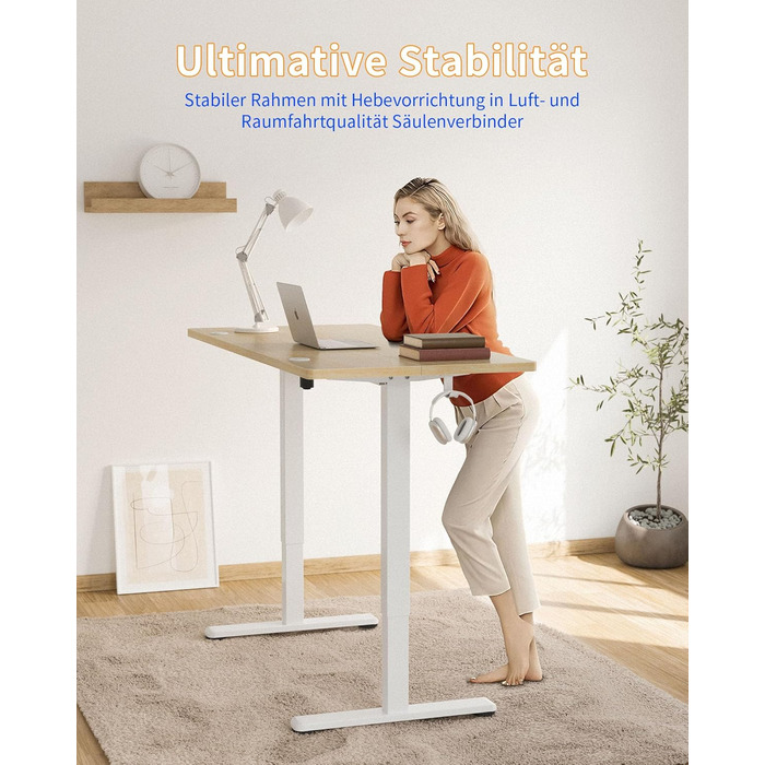 Письмовий стіл з регульованою висотою 120x60 см, Електричне регулювання висоти стіл, Стіл з регульованою висотою для роботи стоячи з функцією пам&39яті, Каркас натурального білого кольору/Стільниця натурального кольору 120 x 60 см