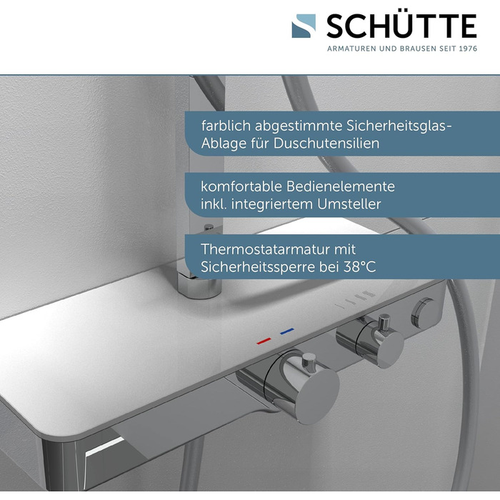 Душова система SCHTTE OCEAN з термостатом і скляною полицею - душовий набір з душовою лійкою 30x30 см, тропічний душ з настінним кронштейном і душовою лійкою - душова панель душова колонка хром/білий