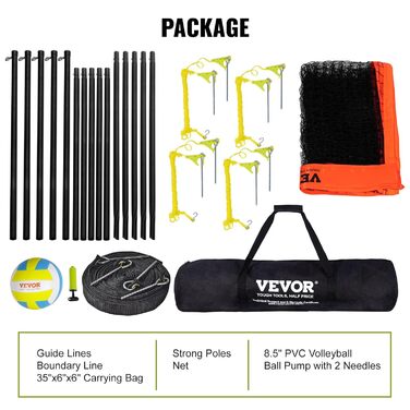 Комплект волейбольної сітки VEVOR з регульованою висотою, 4,3 x 2,2 м, портативна, для пляжу та саду (з м'ячем та сумкою для перенесення), Помаранчевий