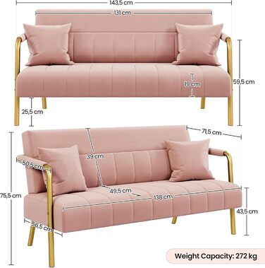 М&39який диван Yaheetech з підлокітниками та металевими ніжками, сучасний двомісний диван з 2 поперековими подушками, диван для вітальні, домашнього офісу, рожевий, 143,5 см Ш, рожевий