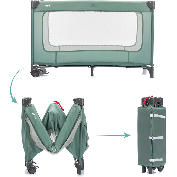 Дорожнє ліжечко Fillikid Capri від народження - 15 кг з регульованим вкладишем, 2 колесами, входом, пеленальний килимок, лоток для підгузків, мобільний телефон та сумка для перенесення - зелений