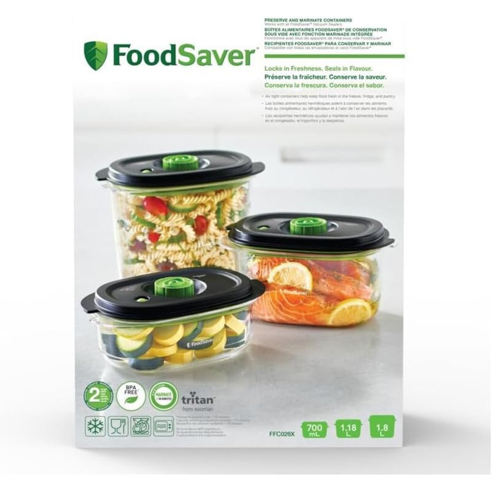 Вакуумні контейнери FoodSaver для консервування та маринування для вакуумних пакувальників 700 мл 1,2 л та 1,8 л Герметичні контейнери для харчових продуктів без бісфенолу А Герметичні Можна мити в посудомийній машині Упаковка з 3 шт. (700 мл, 1,2 л та 1,