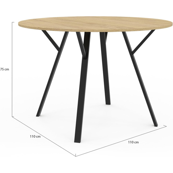 Круглий обідній стіл YSEULT 4-6 персон, дерево та чорний промисловий дизайн, 110 см
