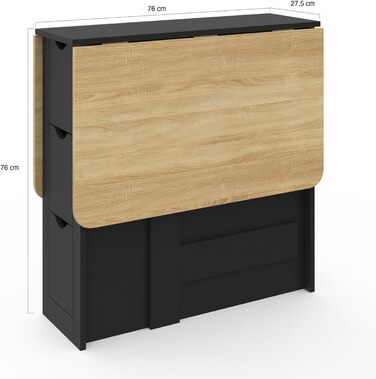 Розкладний консольний столик EDI для 2-4 осіб з 3 чорними шухлядами, стільниця під бук, 103 x 76 см