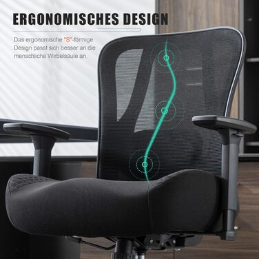 Ергономічне офісне крісло UEV 230 кг, регульована поперекова опора/підлокітники, дихаюча сітчаста оббивка, потовщена подушка сидіння 15 см, крісло для домашнього офісу, стілець для роботи, обертове крісло, чорний колір