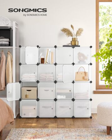 Система полиць SONGMICS, полиця для взуття, комплект із 16 кубів, пластикова шафа з дверима, модульні полиці, місце для зберігання одягу, взуття та книг, легке складання, білий LPC44BS 16 кубів (123Ш x 123В см) білий