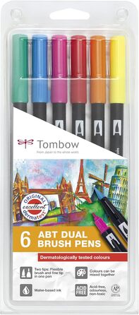 Ручка з двома щітками Tombow ABT-6P-3 Fiber Pen з двома наконечниками Набір з 6 дерматологічно протестованих і ABT-N15 Fiber Pen Dual Brush Pen з двома наконечниками, чорна в комплекті з пензлем, чорна