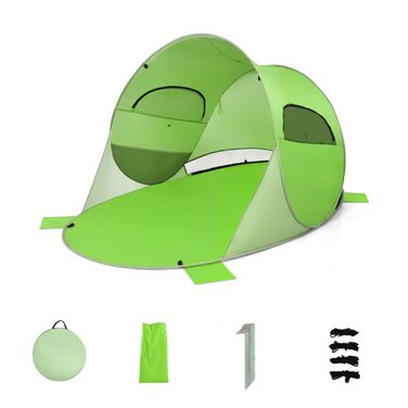 Пляжний намет GYMAX Pop-Up для 3-4 осіб, автоматичний пляжний намет із захистом від ультрафіолету 50, розкладний намет із дверима на блискавці та вентиляційним вікном, у комплекті сумка для перенесення, для кемпінгу на пляжі, зелений
