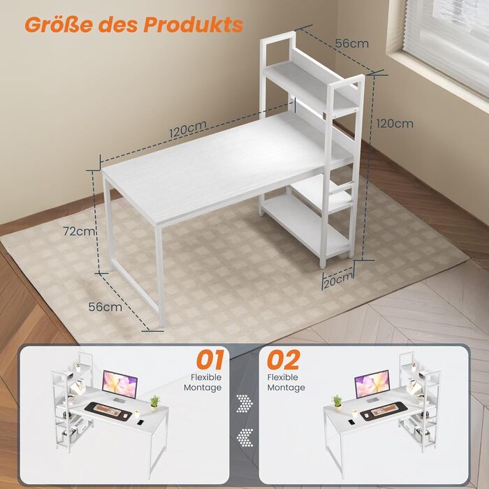 Письмовий стіл Sweetcrispy з бічною полицею та регульованими ніжками, офісний стіл шириною 120 см, міцний комп&39ютерний стіл із місцем для зберігання, легке складання, білий 120 x 56 x 120 см