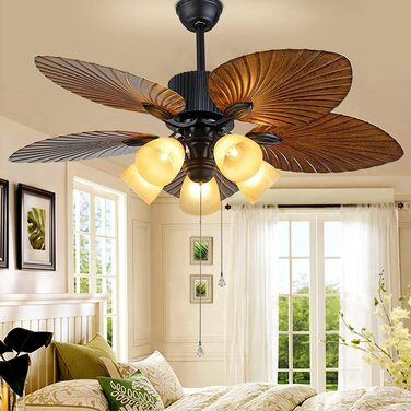 Стельові вентилятори в тропічному стилі зі скляним абажуром у формі квітки та лопаттю вентилятора у формі листка 52 старовинні сте